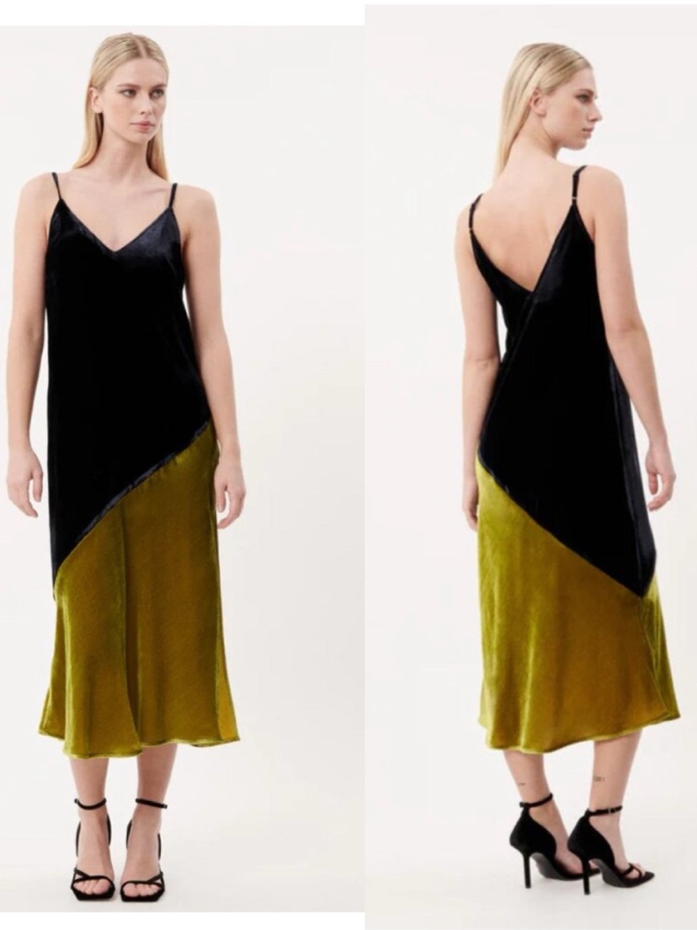 NWT FRNCH Engy Dress in Bleu Marine Velvet/Velour Shift Midi Green - Small